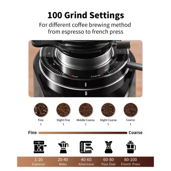 AVX CG301 64mm Titanium Coffee Grinder with pump bean container black