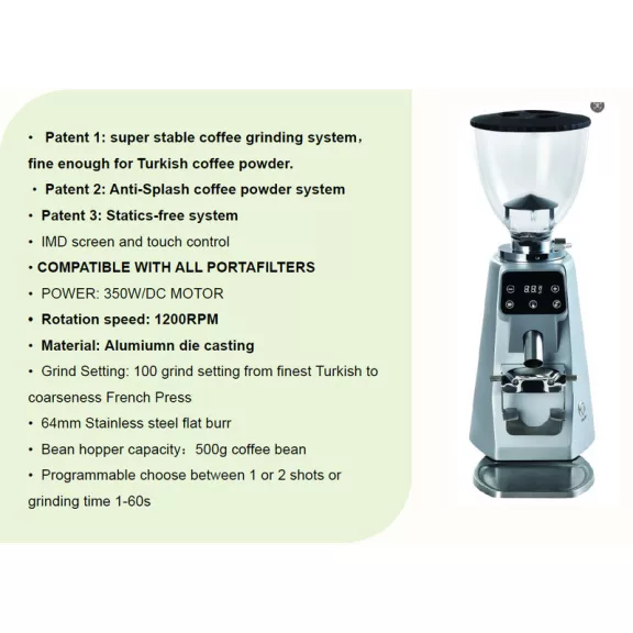 AVX CG305 64mm Titanium Coffee Grinder with pump bean container silver