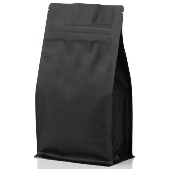 250 gr MF Zipper + Valve Box Bottom coffee bag Natural Black EVOH